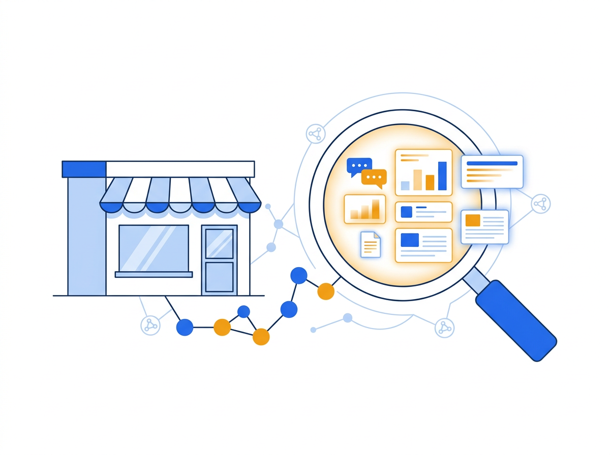 Illustration of a small business connected to AI-powered search results